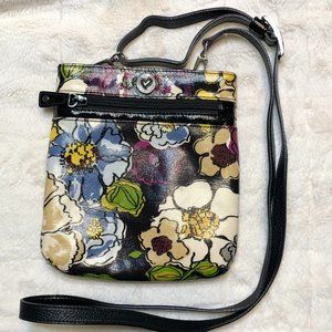 Brighton crossbody bag, black & floral, preowned & loved, good condition